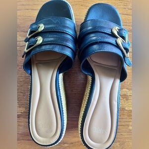 SARTO Franco Sarto Black Leather Espadrille Wedge Slide Sandals Size 9.5 Summer